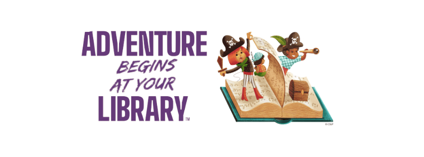 Two kids dressed as pirates and standing on a book that serves as a ship. Text says Adventure begins at your library.