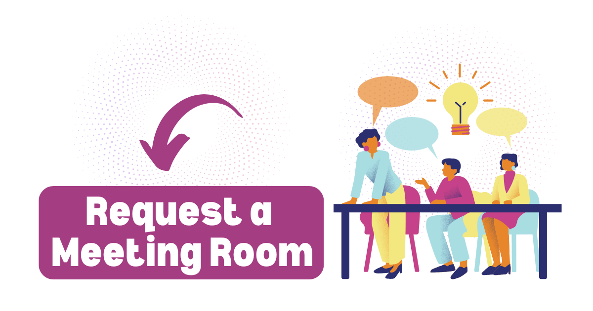 Graphic of three people working at a table with speech bubbles above their heads and a lightbulb. Text says Request a meeting room.